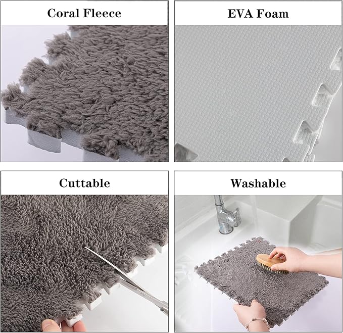 12 pcs Thickened Plush Interlocking Floor Mat 0.6" Thick- Fluffy Square Tiles with 12 Edgings Soft Anti-Slip Puzzle Area Rug Playmat for Room (11.8", Gray & Light Brown)