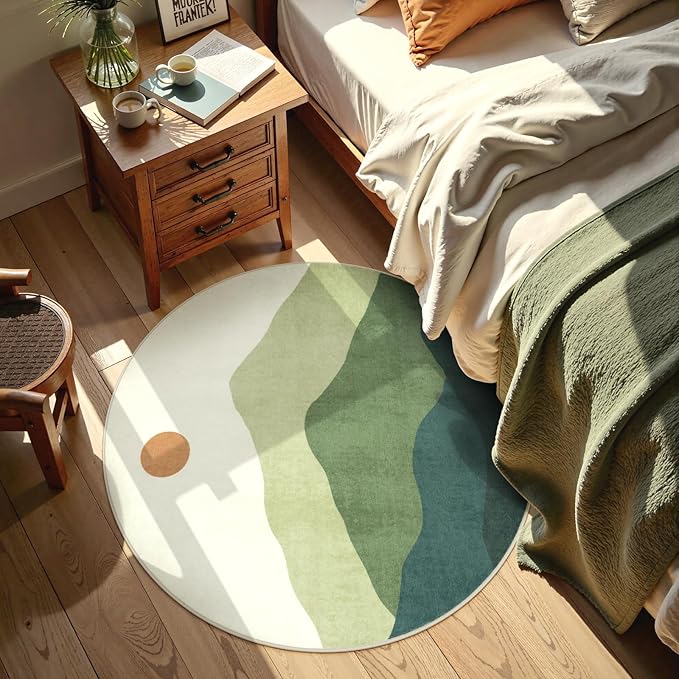 Circle Rug 3ft, Small Round Rugs Non Slip Washable, Abstract Mountain Round Carpet for Bedroom, Low-Pile Throw Mat for Kitchen Entryway Bathroom Home Decor(Green)