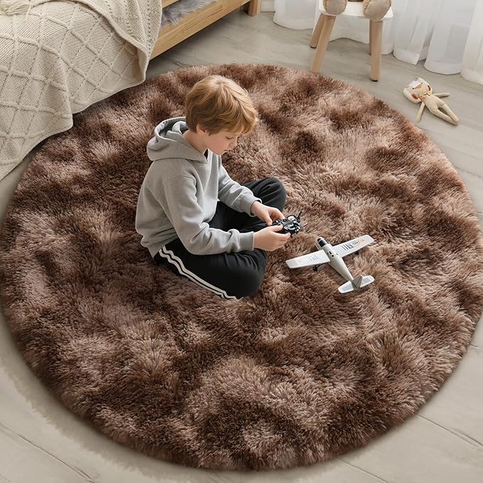 EVOIONOS Tie-Dyed Coffee Round Rug Living Room, 6x6 Ft Fluffy Soft Circle Area Rugs Bedroom, Plush Shaggy Circular Carpet Indoor Floor Bedside Kids Nursery, Machine-Washable Home Decor Aesthetic