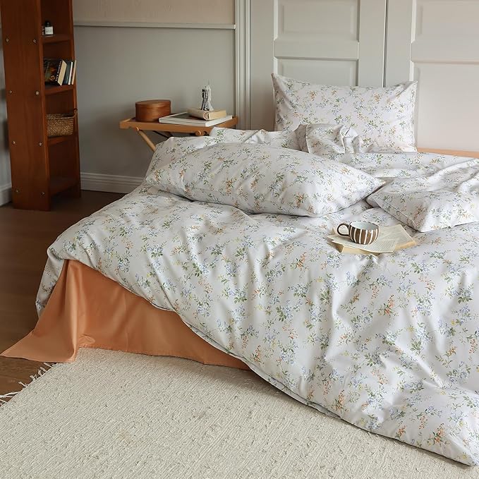 LifeTB Vintage Floral Duvet Cover Set Queen 100% Cotton Girls Garden Style Blossom Flower Comforter Cover Botanical Cottagecore Style Duvet Cover with 2 Pillowcases Farmhouse Bedding Set