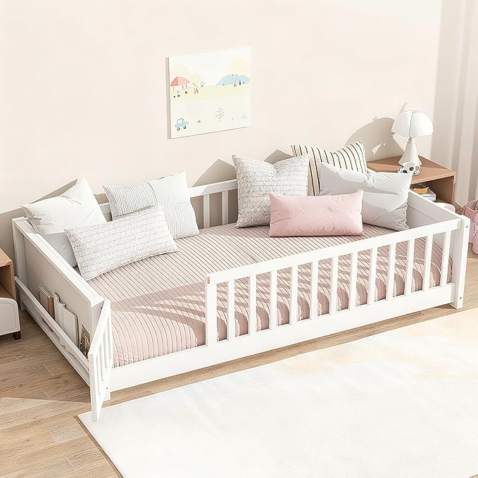 Twin Size Kids Montessori Floor Bed with Door,Twin Floor Bed Frame with Slats and Bookcase,Solid Wood Montessori Bed for Girls Boys,White