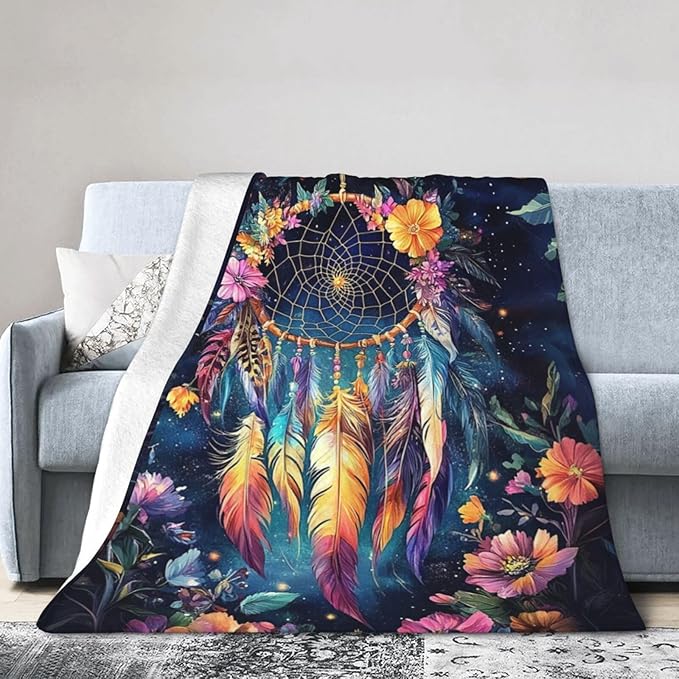 Dream Catcher Blanket Floral Feather Decor Throw Blanket Super Soft Flannel Lightweight Fluffy Plush Cozy Fuzzy Fleece Gifts Blanket for Girl Woman Man Boys Kids Adults for Bed Sofa 50"X60"