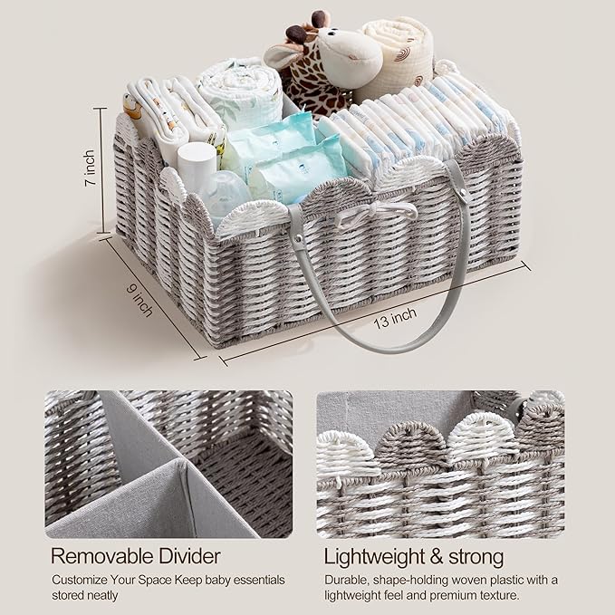 HBlife Baby Diaper Caddy, Paper Rope Storage Baskets Nursery Bin with Removable Divider, Portable Car Organizer for Diapers, Baby Shower Gifts, Newborn Essentials Must Haves