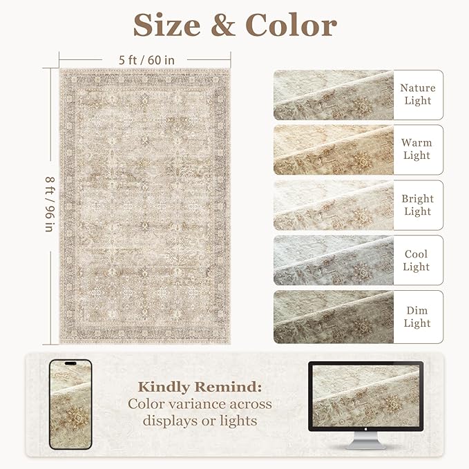 Washable Neutral 5x8 Area Rugs, Vintage Farmhouse Earth Tone Beige Taupe Carpet for Living Room Bedroom, Low Pile Thin Rug with Non Slip Rubber Backing for Dining Room Nursery Home Office