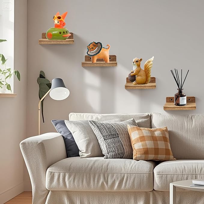 Small Floating Shelf for Wall,5 Inch Wooden Wall shelf Set of 2,Mini Speaker, Baby Monitor,Cameras，Figurines Display Stand, for Bedroom, Gaming Room, Living Room, Bathroom(Carbonized Black)