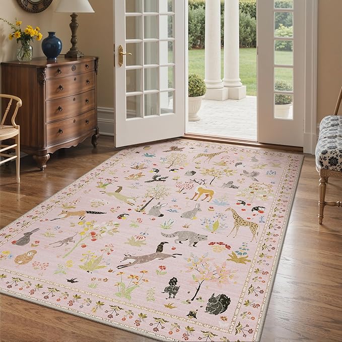 Rugs for Living Room 5x7 Floral Animal Print Area Rug Machine Washable Rug, Non Slip Low Pile Girl Room Carpet for Bedroom, Entryway, Nursery, Pink