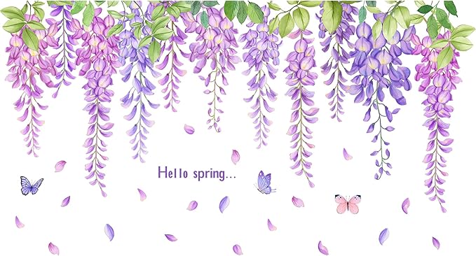 3D Removable Hanging Purple Blue Flowers with Green Leaves Wall Stickers Murals DIY Peel and Stick Flower Vines Floral Wall Decal for Home Wall Corner Kids Bedroom Living Room Nursery Decoration
