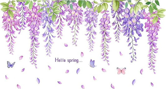 3D Removable Hanging Purple Blue Flowers with Green Leaves Wall Stickers Murals DIY Peel and Stick Flower Vines Floral Wall Decal for Home Wall Corner Kids Bedroom Living Room Nursery Decoration