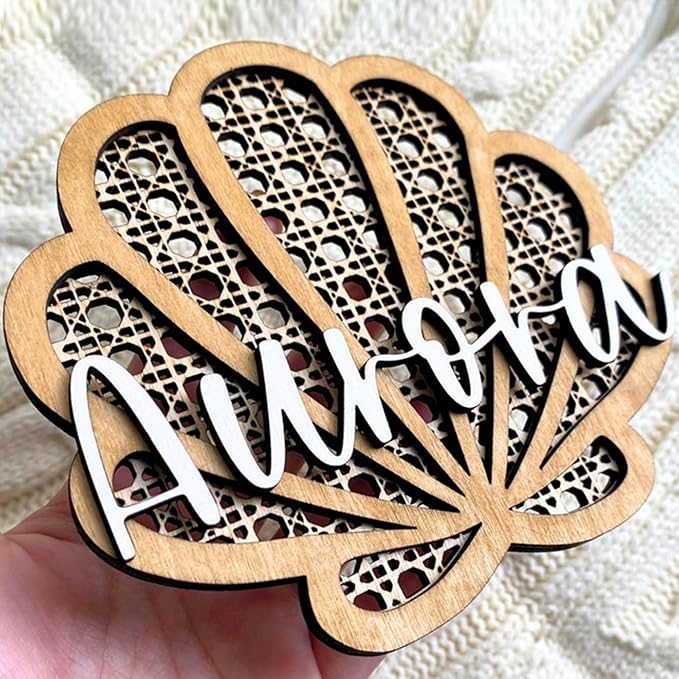 Personalized Rattan Seashell 3D Name Sign, Custom Boho Wood Personalized Name Sign, 3D Wooden Layered Handmade Letter Wall Decor for Nursery or Child's Bedroom, Rattan Baby Name Sign