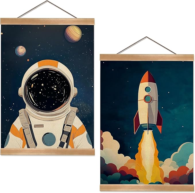 Astronauts and Rockets Poster Wall Art set of 2, Universe Wall Decor Wood Hanger, Spaceship Classroom Decor, Outer Space Planets Poster for Boys and Girls Nursery, Bedroom, Playroom, Toddler and Kids Room(Space travel-02)