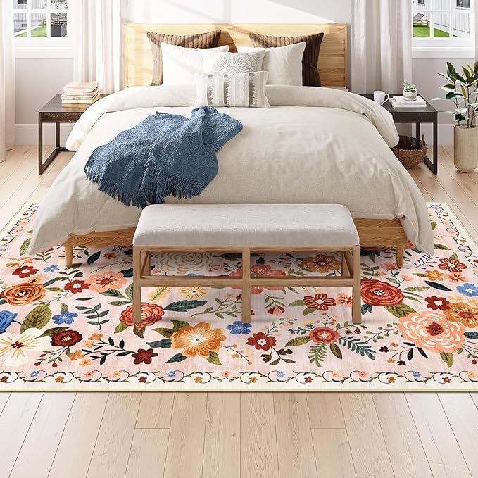 6x9 Washable Area Rug for Living Room, Floral Non-Slip Non-Shedding & Easy Care, Soft Low Pile Vintage Indoor Floor Carpet for Living Room, Bedroom, Farmhouse, Dining Room, Kids Playroom, Beige