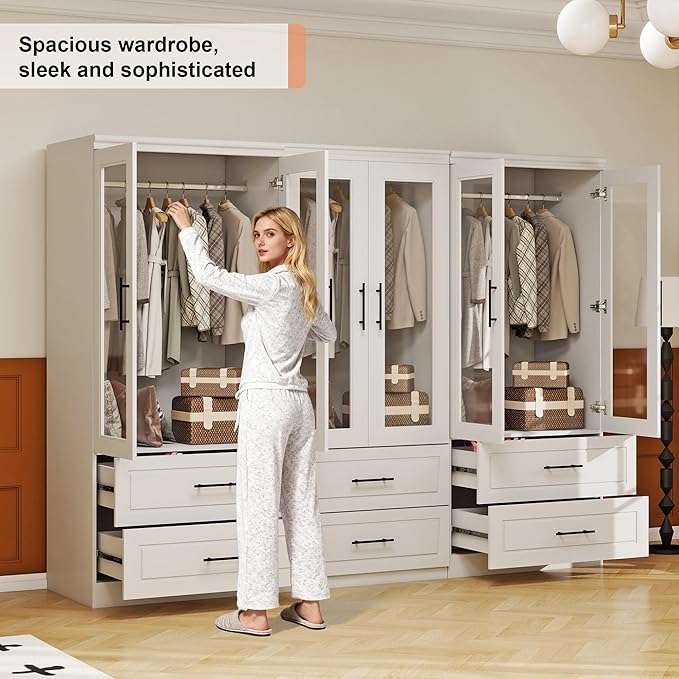 Armoire Wardrobe Closet with 6 Door: White Wood Wardrobe Closet Wooden Transparent Door 6 Drawer Cabinet Bedroom Armoire with Hanging Rods for Home/Bedroom/Living Room