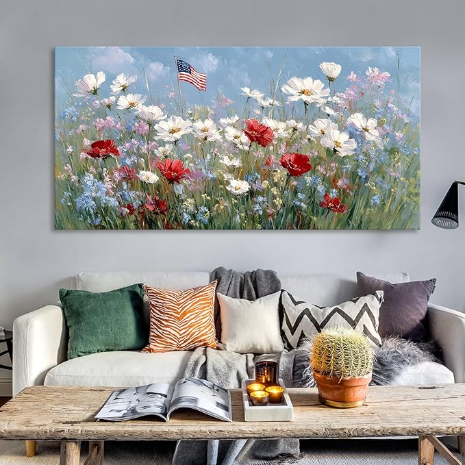BewDalky American Flag Wildflower Field Canvas Wall Art for Home Decor, Patriotic Rustic Floral Landscape Art Print, USA Independence Day Artwork for Living Room, Bedroom, Bathroom Wall Decor 28"x58"