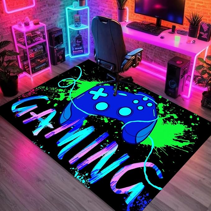 Gaming Area Rug,6x9ft,3D Painting Blue Gamepad Rug, Fade-Resistant Machine Washable Teen Boys Carpet for Game Room Living Room Gaming Mat Teen Bedroom Decor