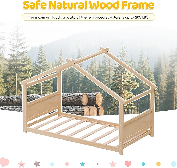 Twin House Bed, Montessori Floor Bed with Headboard & Footboard, Solid Wood Bed Frame for Toddlers Teens Bedroom, No Box Spring Needed, Natural
