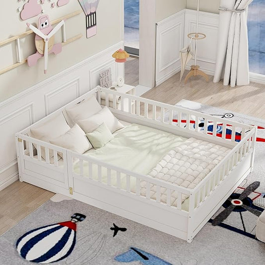 GDFStudio Full Size Floor Bed Frame with Opening Door & Guardrails, Montessori Toddler Full Bed Frame for Boys Girls, Wooden Low to Floor Bed Rails for Toddlers, Support Slat, White