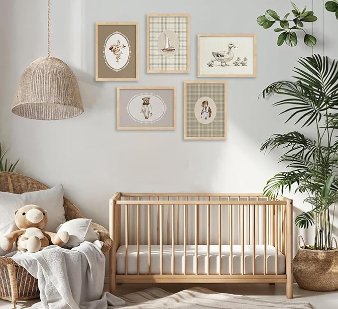 Vintage Nursery Wall Art Kids Room Canvas Wall Decor Animal Pictures Cute Duck and Woodland Bear Posters Neutral Floral and Sailboat Painting Print Artwork for Baby Boy Girl Room Playroom, Unframed