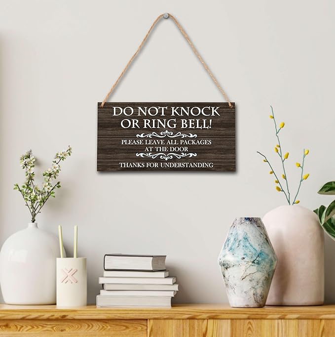 Please Do Not Knock Or Ring Doorbell Wooden Plaque Sign, No Soliciting Warning Reminder Sign, Baby Sleeping Sign For Front Door - HF07