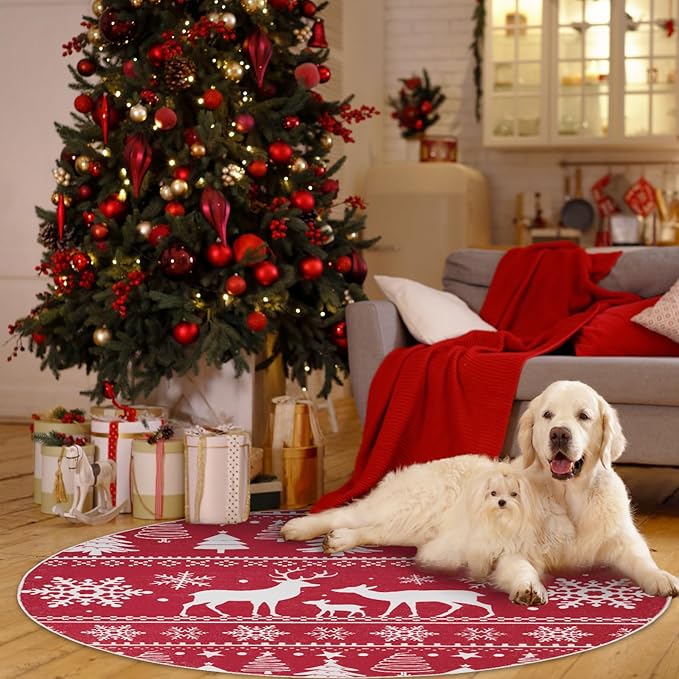 6' Machine Washable Christmas Round Area Rug, Non-Slip Vintage Floral Circle Floor Rugs for Kids, Low Pile Room Carpet for Living Room, Bedroom, Dining Room & Nursery(6' Elk)