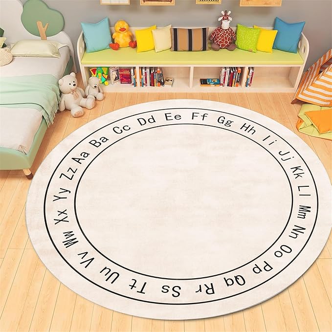 Children's Room Round Rug,7ft,Children's ABC Letter Educational Learning Round Rug, Non-Slip Washable Children's Room Play Rug, Suitable for Bedroom, Playroom, Boys and Girls Room Decoration