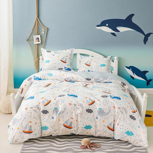 Simple&Opulence 100% Organic Cotton Duvet Cover for Kids Teens, 4 Pieces Soft Comforter Cover with Zipper Closure Cool Boy Girl Sea Sailboat Ocean Bedding Set - Whale, Full/Queen