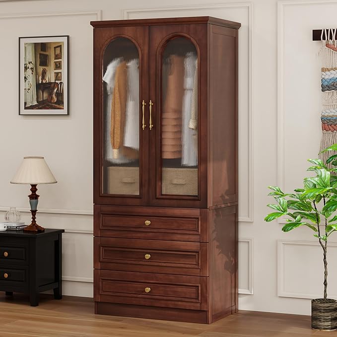 Solid Wood Wardrobe Closet:TemkTuek 70.87" Armoire,Clothing Storage Cabinet with Drawers,Doors,Hanging Railsand Shelves,Vintage Freestanding,Bedroom,Cherry Finish(21)