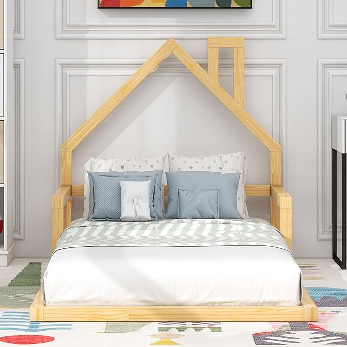Twin Size Wood Floor Bed with House-shaped Headboard and a Chimney,Bedroom Simple Modern Bed Frame W/ Playful Design & No Box Spring Required,for Kids Teens Girls Boys,Natural