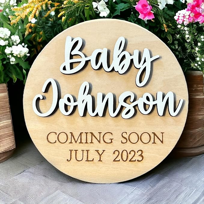 Generic Baby Coming Soon Personalized Sign with Date, Pregnancy Announcement Plaque, Maternity Photo Prop, Baby Announcement Sign (5, 6, 7, 8 inches, Birch)