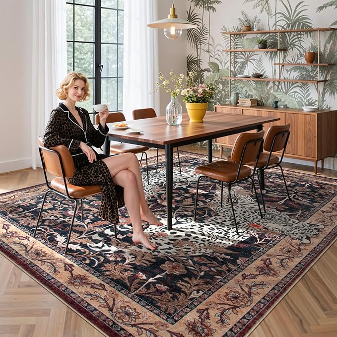 Moynesa Leopard Washable Area Rugs 8x10, Large Boho Rugs for Living Room, Vintage Non Slip Dining Room Rugs for Under Table, Ultra Thin Soft Floor Carpet for Office Bedroom, Puce Red