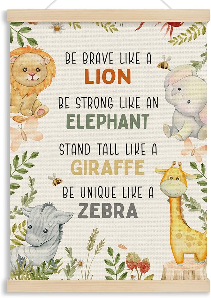 MOTERMATE Tropical Safari Nursery Wall Art Poster, Jungle Woodland Nursery Decor, Inspirational Canvas Poster Hanger Frame, Safari Baby Animal Nursery Wall Hanging Banner Decor for Classroom, 12x16 In