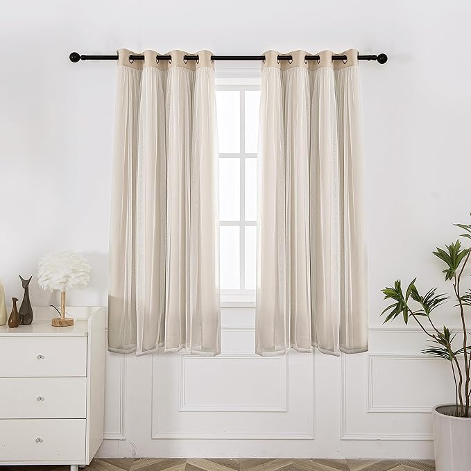 INLINAS Beige Blackout Curtains with Sheer Overlay - Grommet Top Thermal and Noise Reduction Panels for Bedroom and Living Room Light Blocking and Energy Saving, 52 x 63 Inches, Set of 2