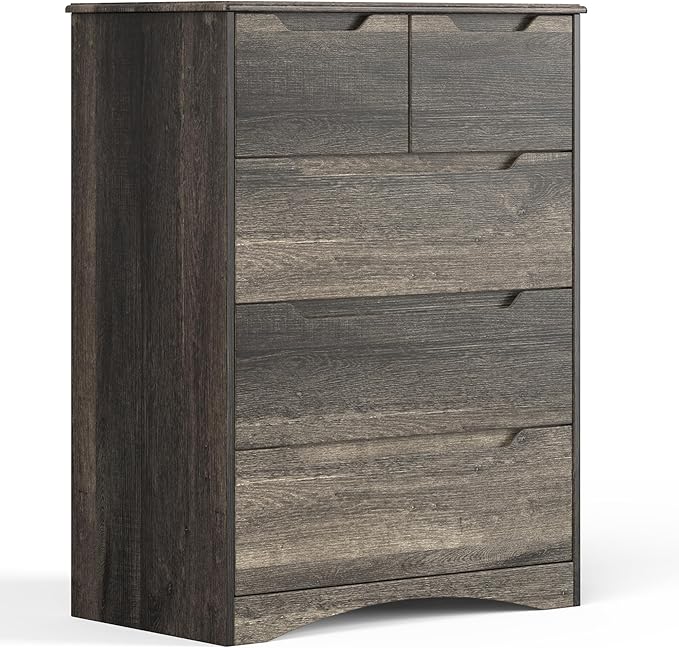 Gizoon 5 Drawers Chest, Dark Brown Dresser for Bedroom with Large Storage Capacity, Chest of Drawers with Embedded Handle, Sturdy Anti-Tripping Device for Hallway, Office, Living Room