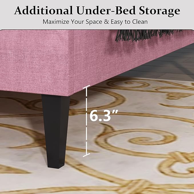 BarnFurin Queen Bed Frame, Upholstered Platform Bed with Button Tufted Headboard, Fabric Queen Size Beds with Wooden Slats Support, No Box Spring Required, Easy Assembly, Pink
