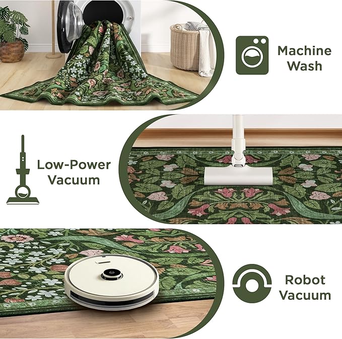3x5 Floral Washable Area Rug for Kitchen, Non-Slip Soft Vintage Boho Carpet, Botanical Forest Green Small Low Pile Rugs for Bedroom, Entryway, Home Office, Dorm, Dark Green