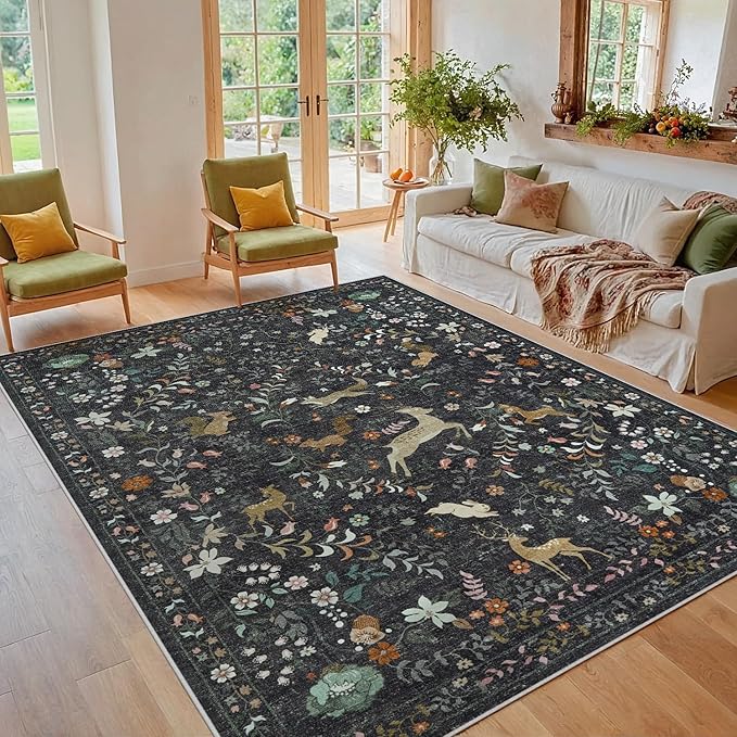 6x9 Area Rugs for Living Room Floral Animal Print Carpet Washable Non-Slip Large Rug Low Pile for Indoor Bedroom Dining Room Nursery Home Office Farmhouse Kids Play Room Black