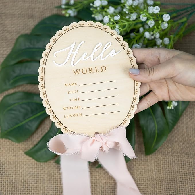 Baby Announcement Sign 6.5 Inch Wooden Hello World Newborn Welcome Sign Birth Name Plaques for Photo Props Shower Hospital Nursery (BOW CUT)