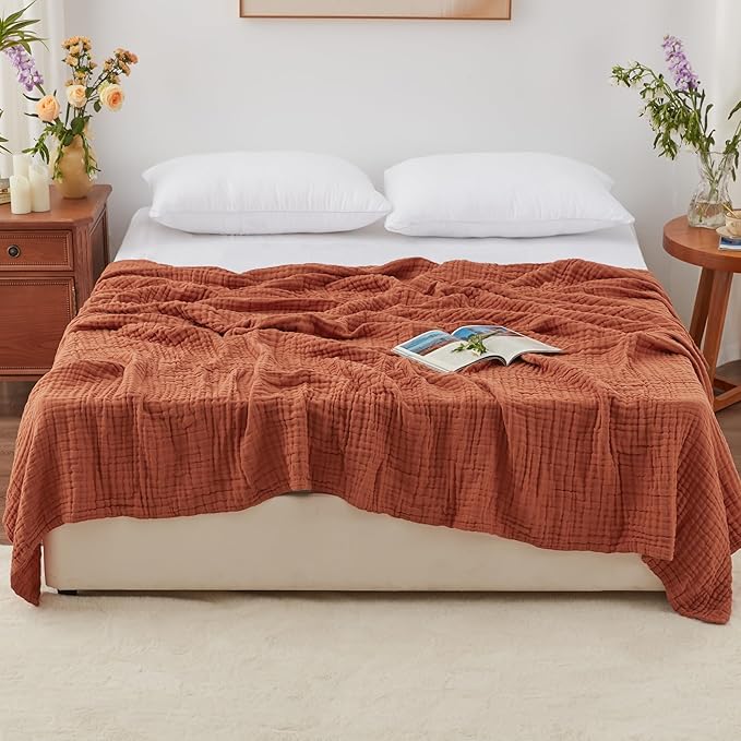 Love's cabin 6 Layer 100% Cotton Muslin Blanket, 90"x90" Muslin Blanket Queen for Couch Bed, Lightweight and Breathable Cotton Gauze for Adult, Orange