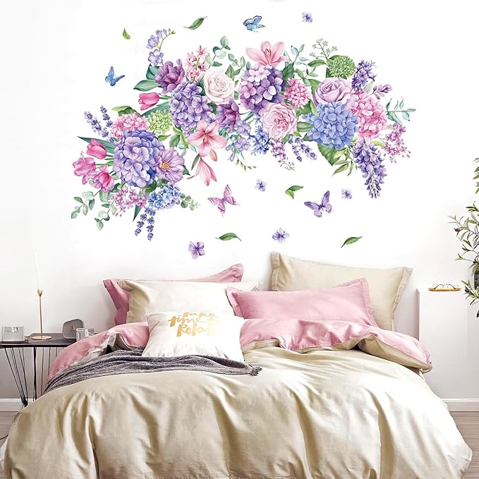 Flowers Bouquet Wall Decals Pink and Purple Floral Butterflies Wall Stickers, Bedroom Living Room Dining Room Sofa Background Peel and Stick Wall Decor