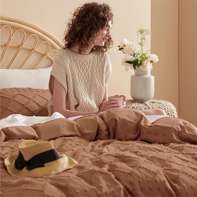 Bedsure Boho Duvet Cover Queen Size,Burnt Orange Breathable & Soft Boho Bedding,Machine Washable Comforter Cover for All Seasons, Includes 1 Duvet Cover 90"x90" with 2 Pillow Shams & Zipper Closure