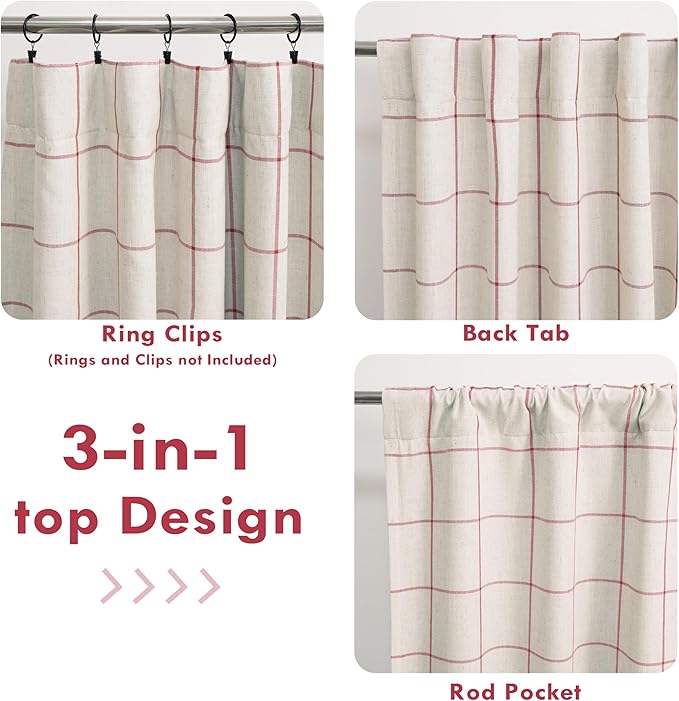 DriftAway 2 Panels 100% Blackout Windowpane Plaid Linen Curtains Double Layer Drapes for Bedroom 63 Inches Long Farmhouse Thermal Insulated 3.25 Inch Rod Pocket Back Tab for Living Room Red