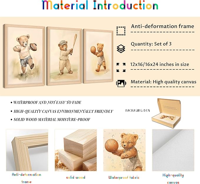 Framed Bear Wall Art Nursery Decor Set of 3, Cute Vintage Baby Bear Sports Pictures Wall Decor, Nursery Animal Poster Prints, Wild Animals Canvas for Children Bedroom Boy Room Decoration – 16x24 inch