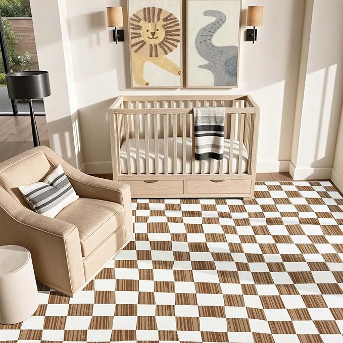 jinchan 8x10 Brown Checkered Area Rugs for Kids Room - Machine Washable Rug Modern Neutral Geometric Lattice Soft Non-Slip Carpet for Nursery Playroom Classroom Living Room Bedroom Dining Room