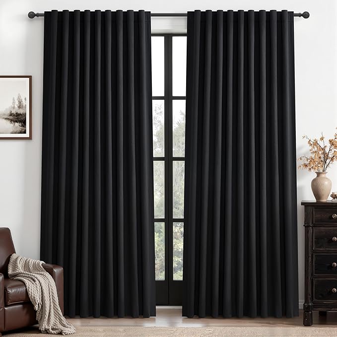 Black Out Curtains 60 Inches Extra Wide Luxury Linen Curtains 96 Inch Length for Living Room, Pleated Farmhouse Bedroom Thermal Heavy Drapes for Winter Thick Large Window 60"W x 96"L 2 Panels