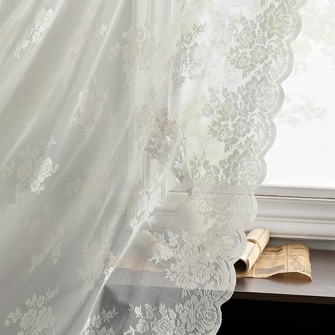 Kotile Ivory Lace Curtains 54 Inch Length for Bedroom, Country Rustic Floral Sheer Lace Curtains 2 Panels Set, Rod Pocket Privacy Window Lace Curtain Panels, 42 x 54 Inch Each, Ivory
