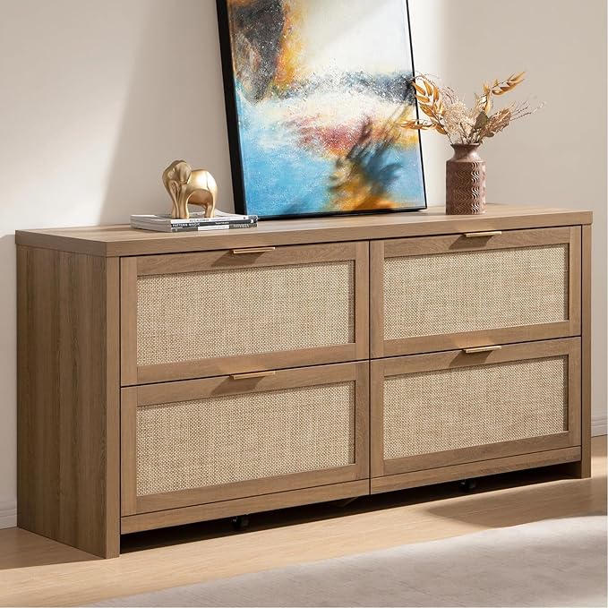 SICOTAS 60.8" Dresser for Bedroom, Rattan Boho Dresser with 4 Deep Drawers, Large Chest of Drawers for Closet,Nursery,Dressers TV Stand for Bedroom (Reclaimed Caramel Oak, 4 Drawers (1 pc))