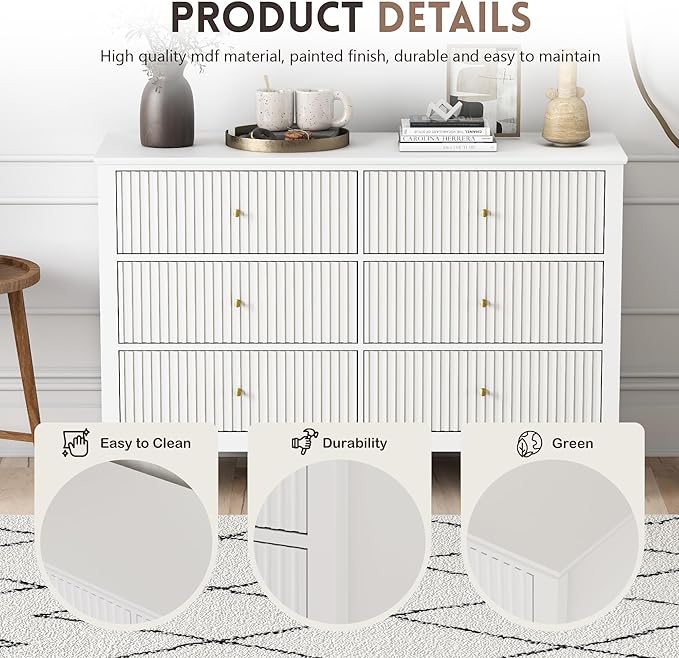 White Dresser for Bedroom, 6 Drawers Fluted Chest of Drawers with Storage, Modern Wide Storage Dresser with Paint Design, Wood Drawer Organizer White Dressers for Hallway, Entryway