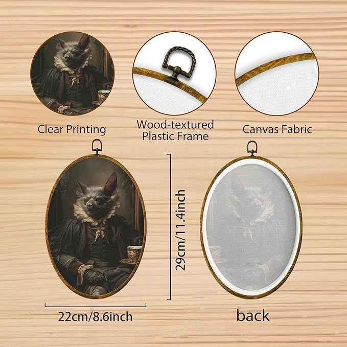 Hiuwevt Dark Academia Bat Oval Wall Art Decor, Gothic Bat Framed Canvas Prints, Vintage Noble Vampire Oval Wall Hanging Decor for Home Living Room Bedroom Decorations, 8.6x11.4 Inches
