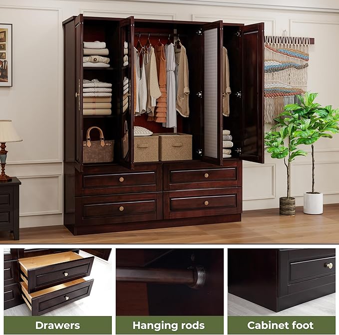 Solid Wood Armoire:4 Doors Wardrobe Closet with Mirror Drawers and Hanging Rod,Storage Cabinet Clothes Organizer for Bedroom Brown Black