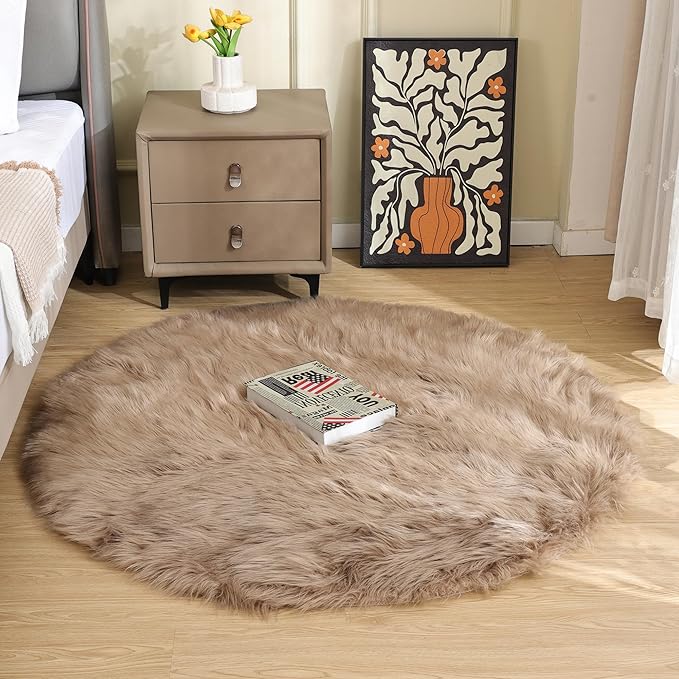 Beige 3ft Round Fluffy Shaggy Rug Washable Soft Area Rug for Living Room Bedroom Cute Room Decor Circle Nursery Rug Faux Fur Carpet