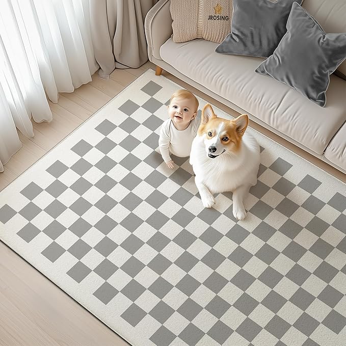 Washable Checkered Rug, 5x7 Grey Checkerboard Modern Foldable Large Area Rugs for Living Room, Low Pile Ultra-Thin Non-Slip Indoor Doormat Carpet for Office Bedroom Diningroom Classroom Dorm